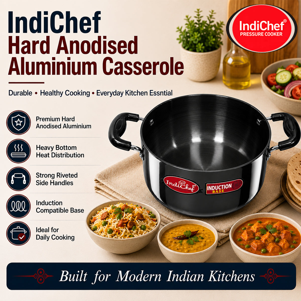 IndiChef Hard Anodised casserole with Lid | Induction Friendly
