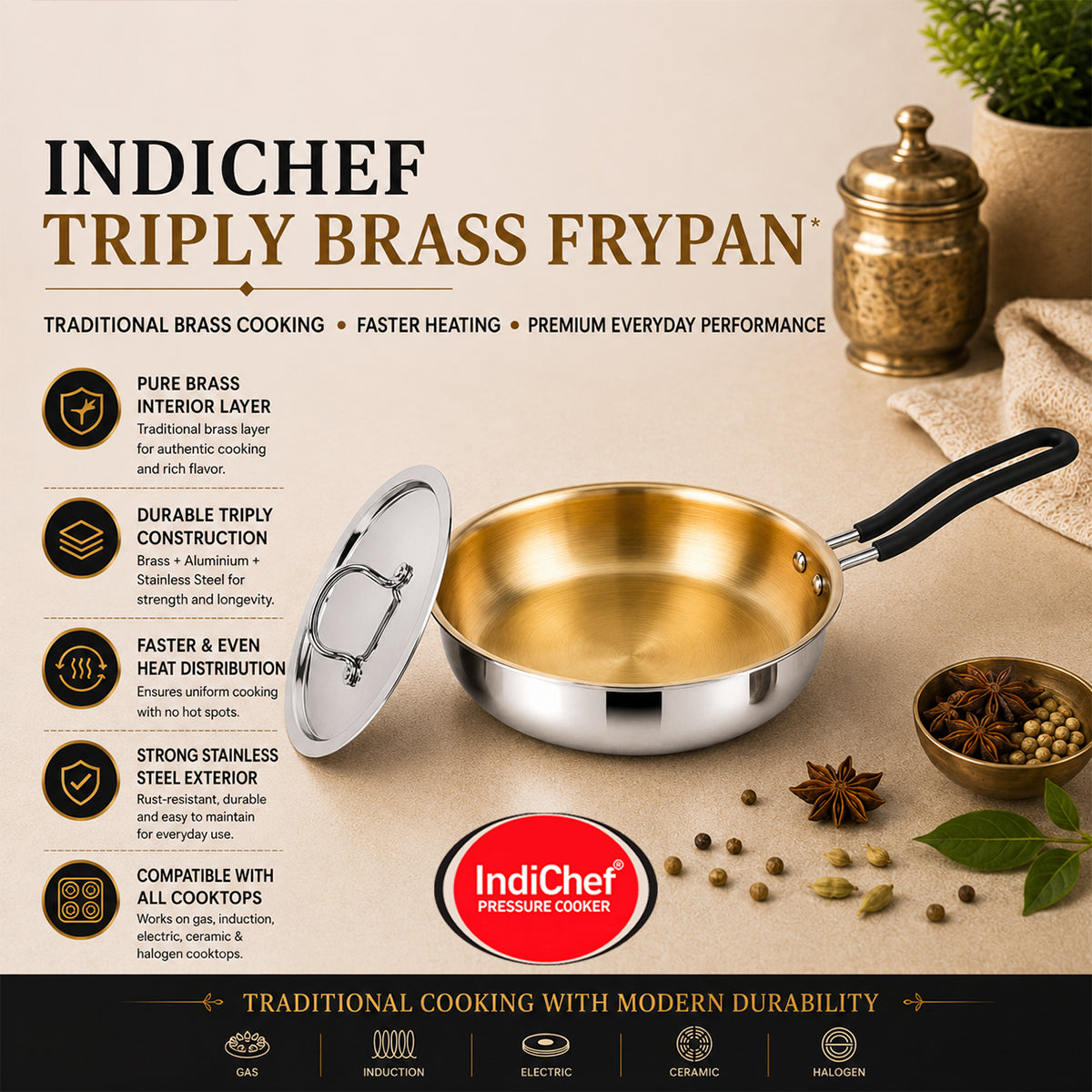 IndiChef Tri-ply Brass Frypan | Induction Friendly