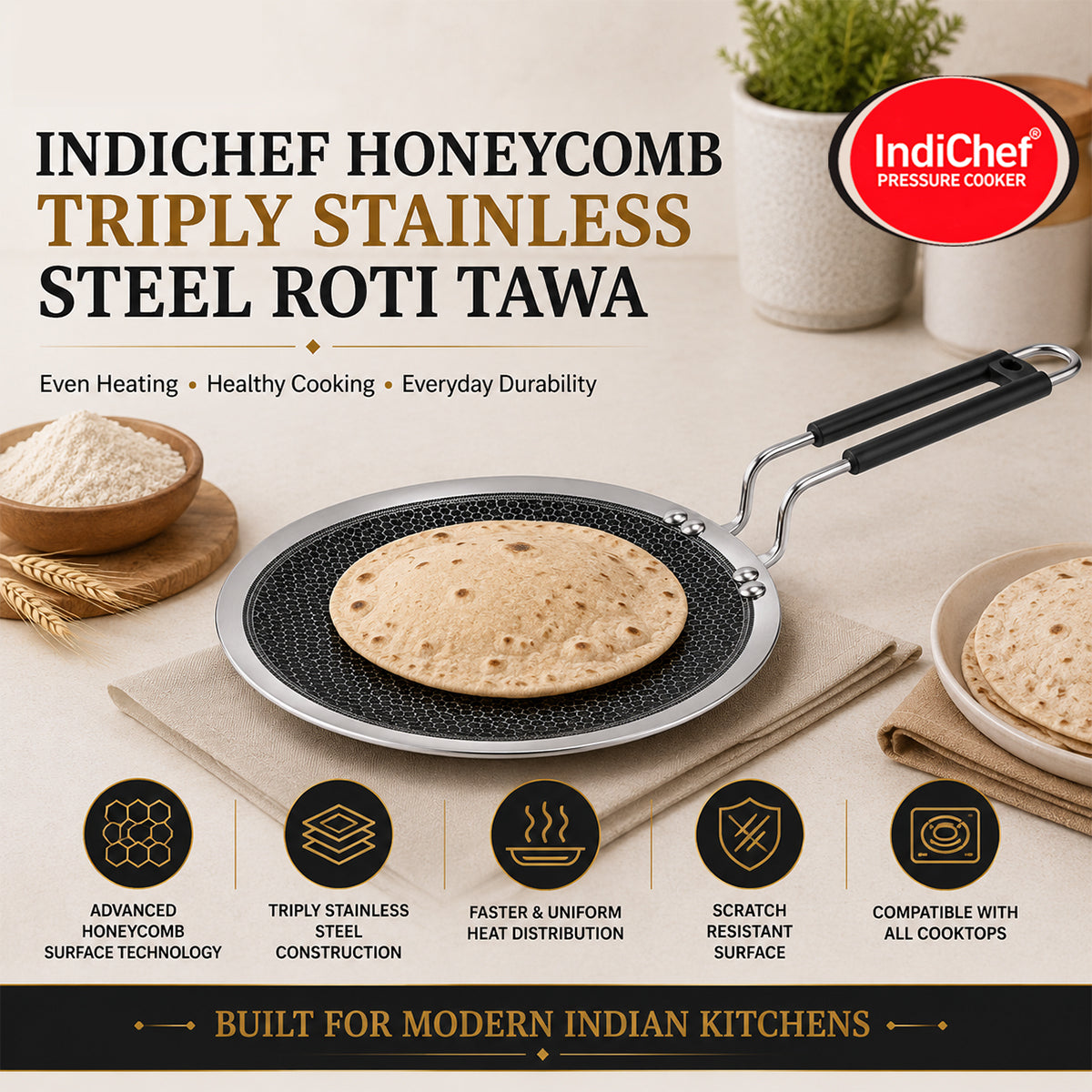 IndiChef Tri-ply Honeycomb Roti Tawa | Induction Friendly