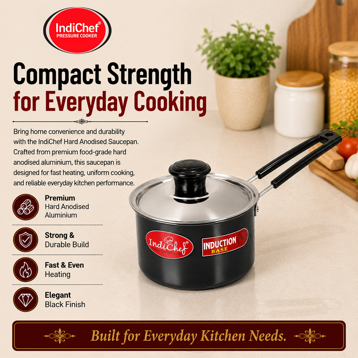 IndiChef Hard Anodised Saucepan with Lid | Induction Friendly
