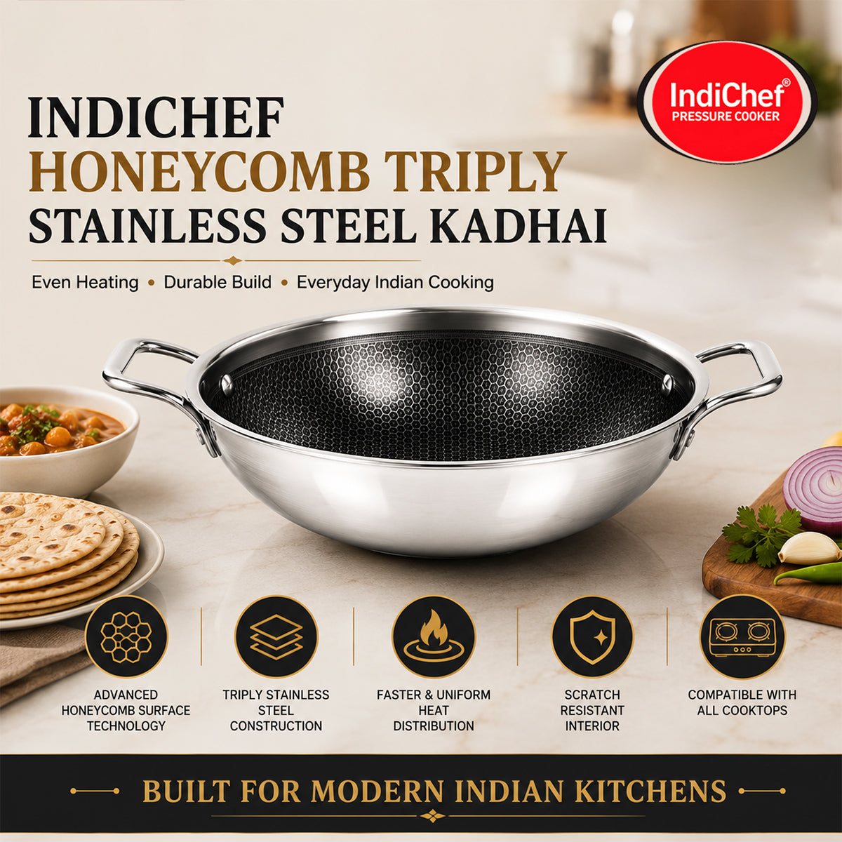 IndiChef Tri-ply Honeycomb kadahi/kadhai with Lid | Induction Friendly