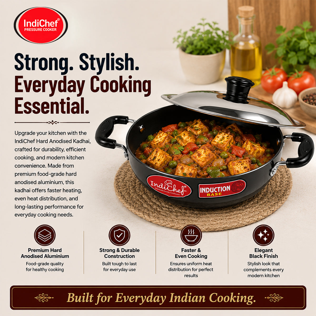 IndiChef Hard Anodised Kadhai with Lid | Induction Friendly
