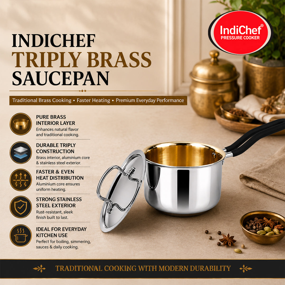 IndiChef Tri-ply Brass Saucepan | Induction Friendly