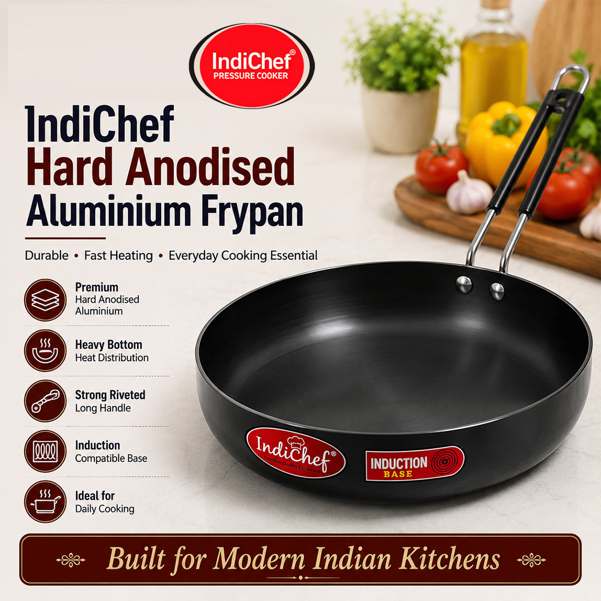 IndiChef Hard Anodised Frypan with Lid | Induction Friendly