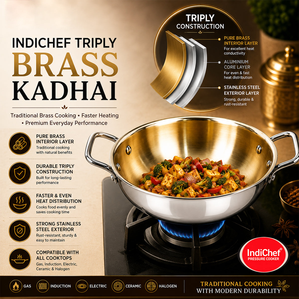 IndiChef Tri-ply Brass Kadahi | Induction Friendly