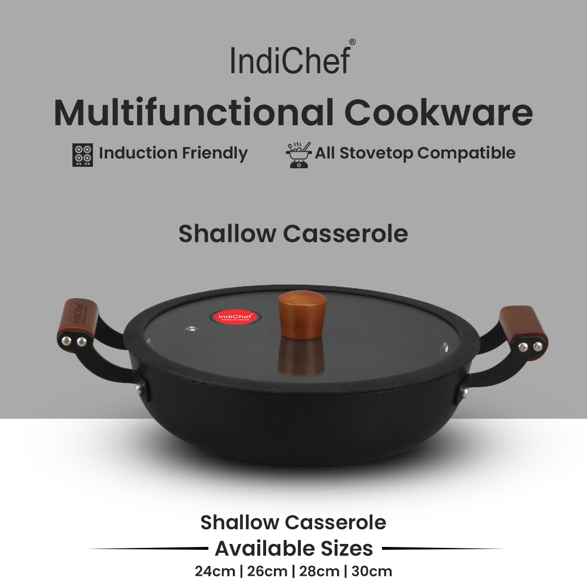 IndiChef Cast Iron Shallow Casserole with Cover | Induction Friendly