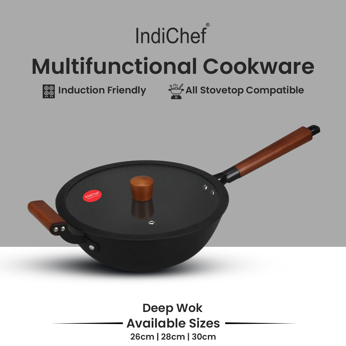 IndiChef Cast Iron Deep Wok With Cover | Induction Friendly