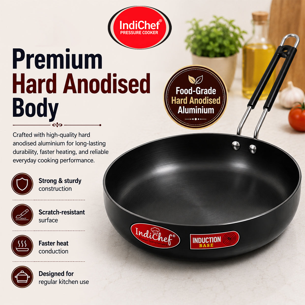 IndiChef Hard Anodised Frypan with Lid | Induction Friendly