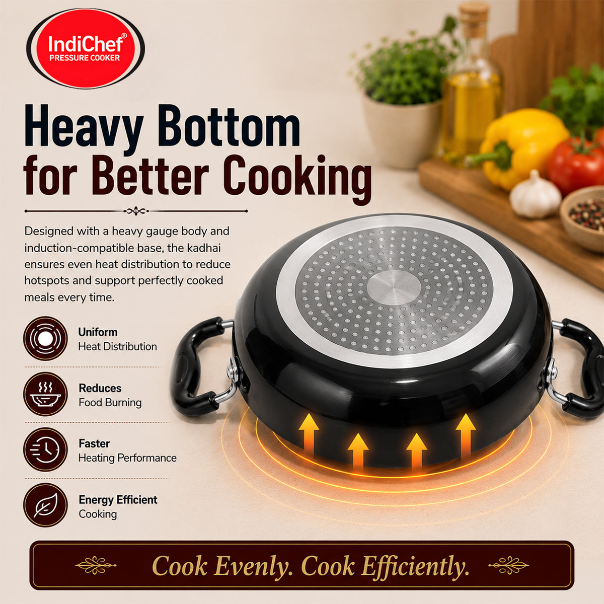 IndiChef Hard Anodised Kadhai with Lid | Induction Friendly