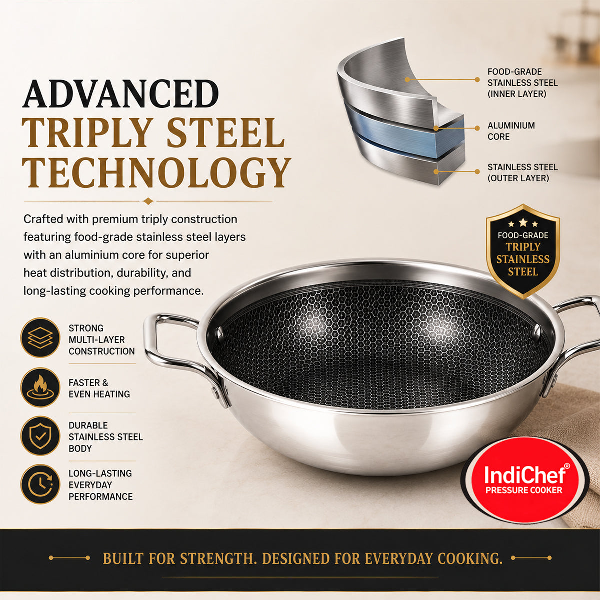 IndiChef Tri-ply Honeycomb kadahi/kadhai with Lid | Induction Friendly