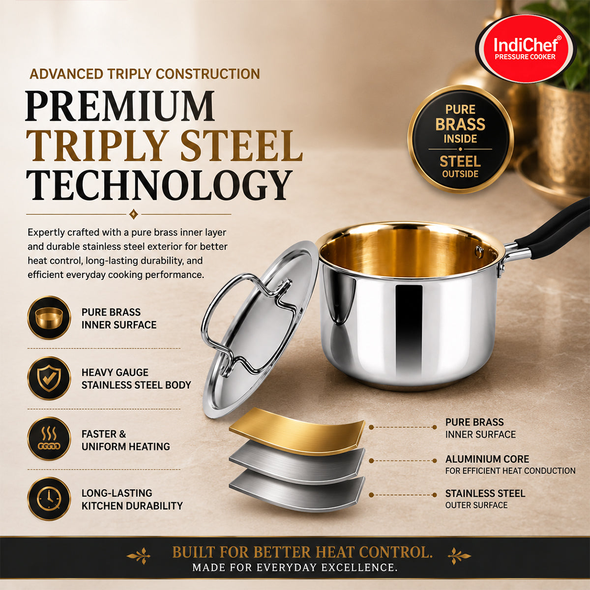 IndiChef Tri-ply Brass Saucepan | Induction Friendly