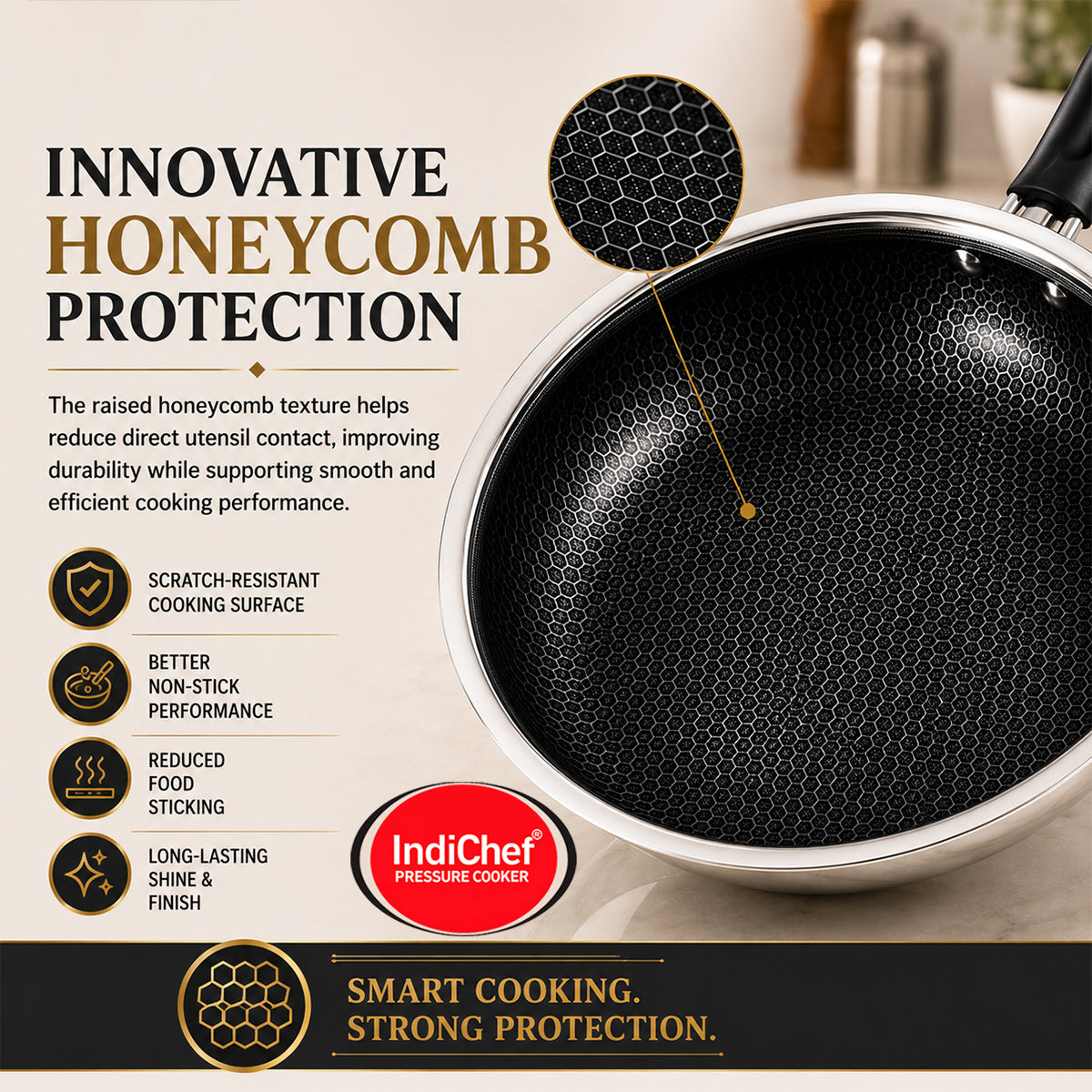 IndiChef Tri-ply Honeycomb Fry Pan with Lid | Induction Friendly