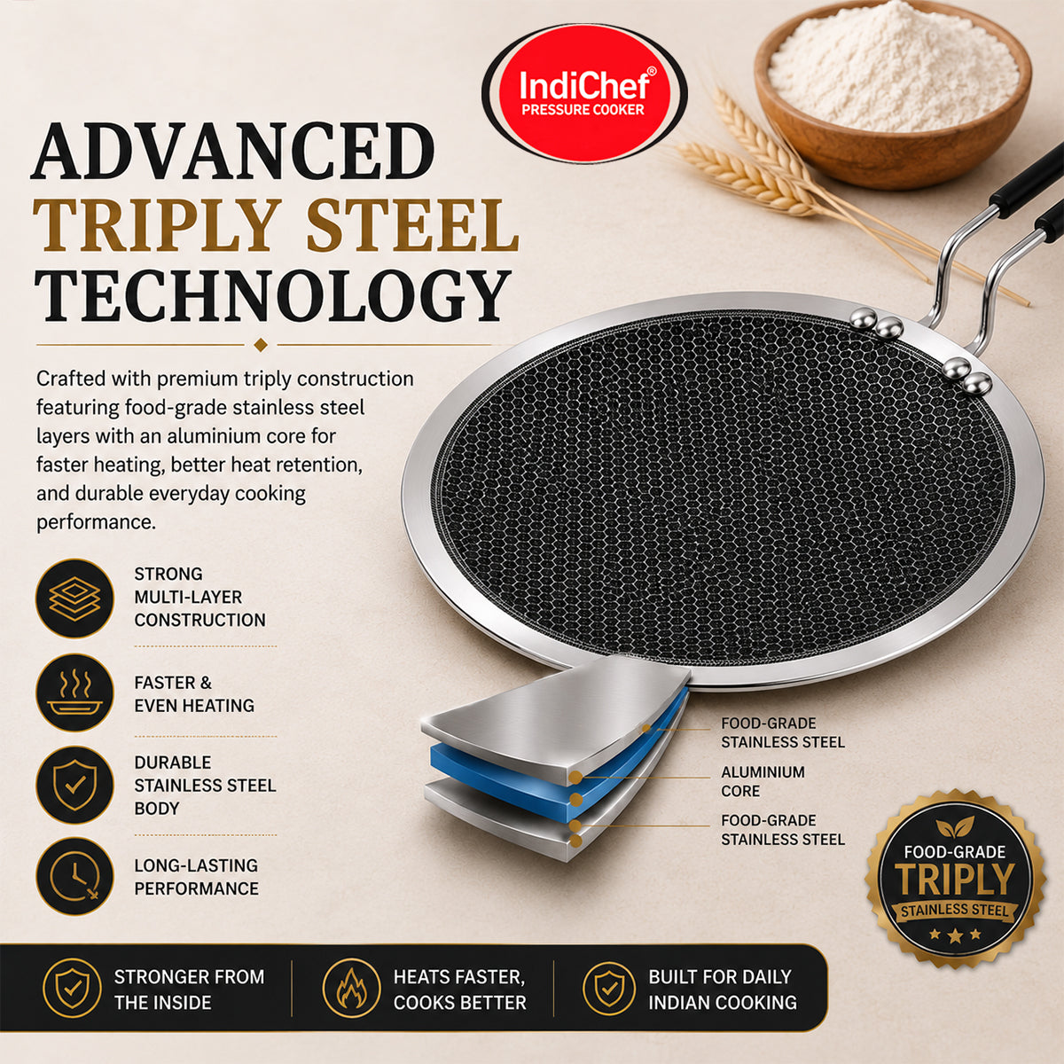 IndiChef Tri-ply Honeycomb Roti Tawa | Induction Friendly