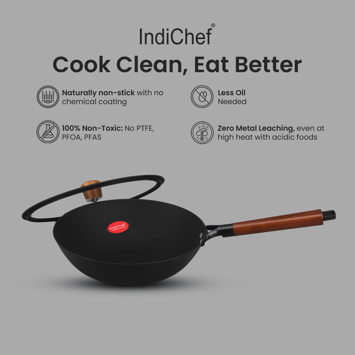 IndiChef Cast Iron Deep Frying Pan with Cover | Induction Friendly
