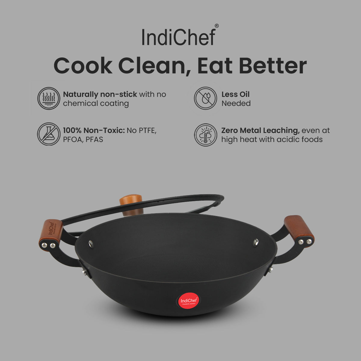 IndiChef Cast Iron Kadahi Cooking Pan with Lid | Induction Friendly
