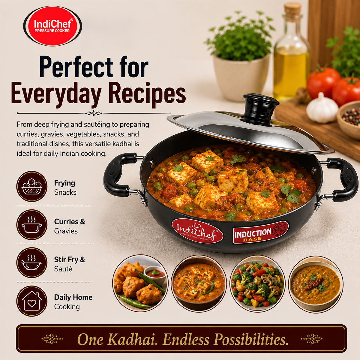 IndiChef Hard Anodised Kadhai with Lid | Induction Friendly
