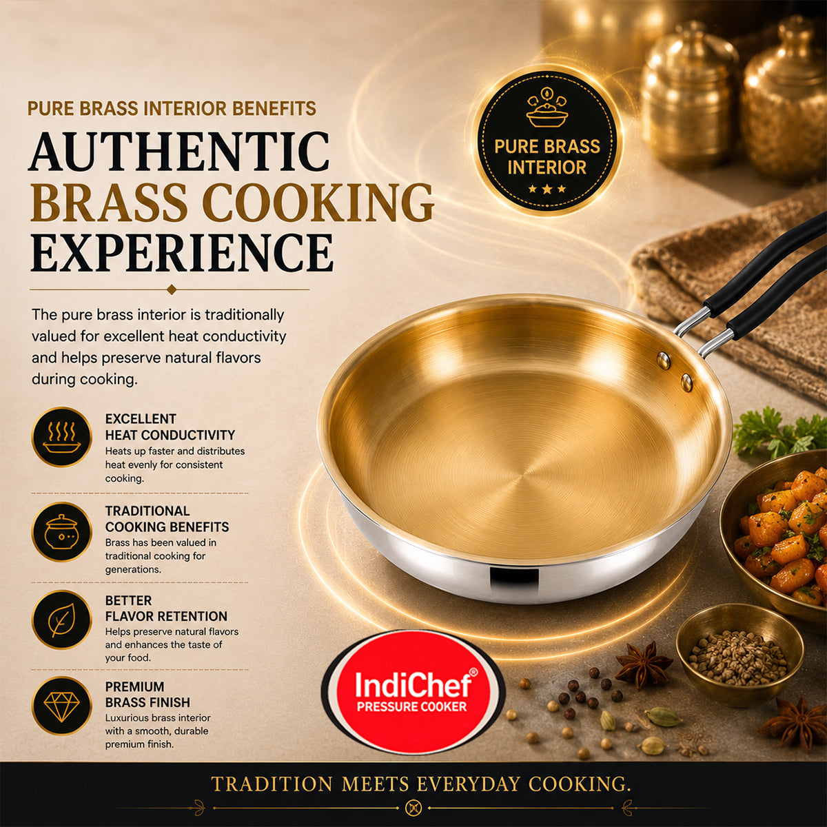IndiChef Tri-ply Brass Frypan | Induction Friendly