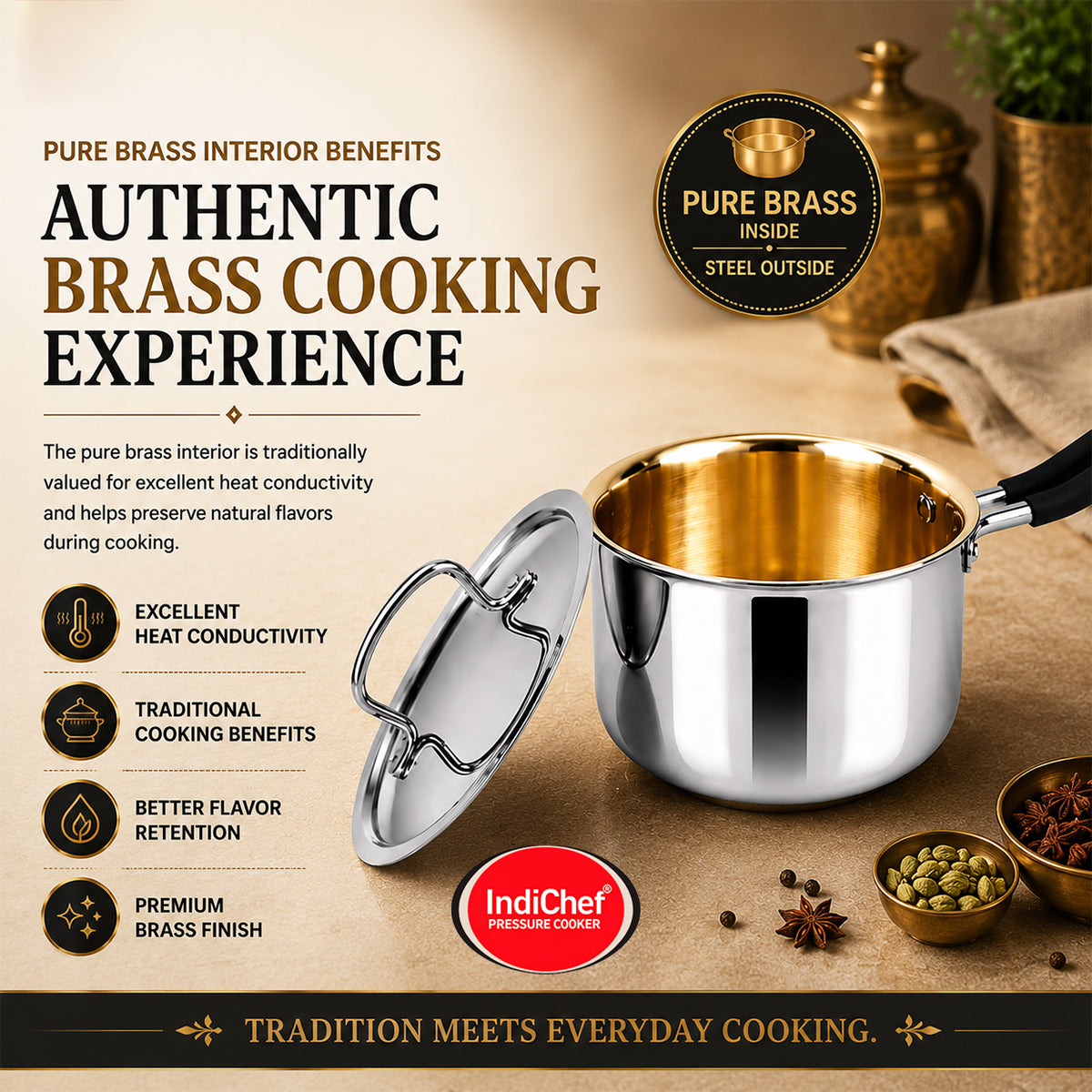 IndiChef Tri-ply Brass Saucepan | Induction Friendly