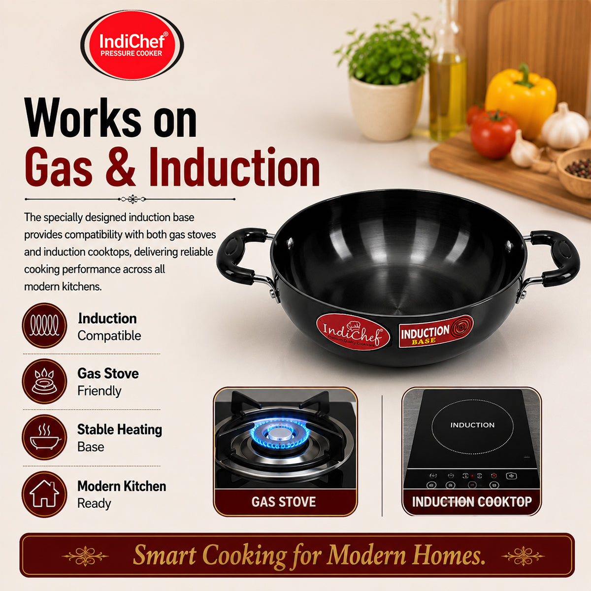 IndiChef Hard Anodised Kadhai with Lid | Induction Friendly