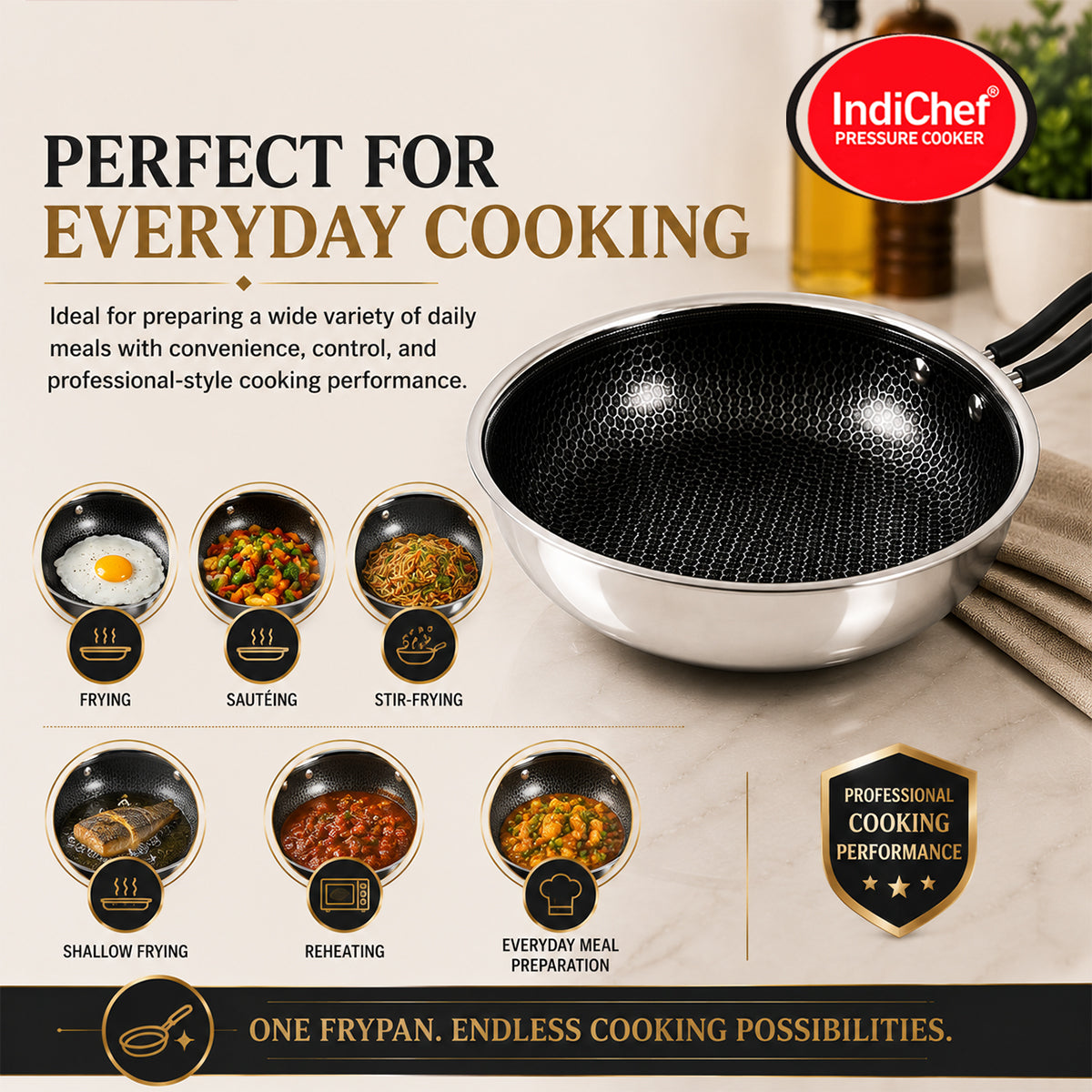 IndiChef Tri-ply Honeycomb Fry Pan with Lid | Induction Friendly
