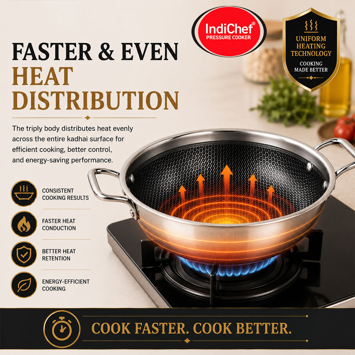 IndiChef Tri-ply Honeycomb kadahi/kadhai with Lid | Induction Friendly