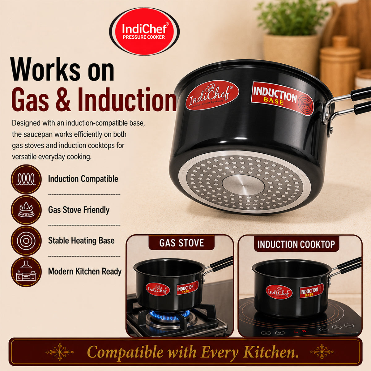 IndiChef Hard Anodised Saucepan with Lid | Induction Friendly