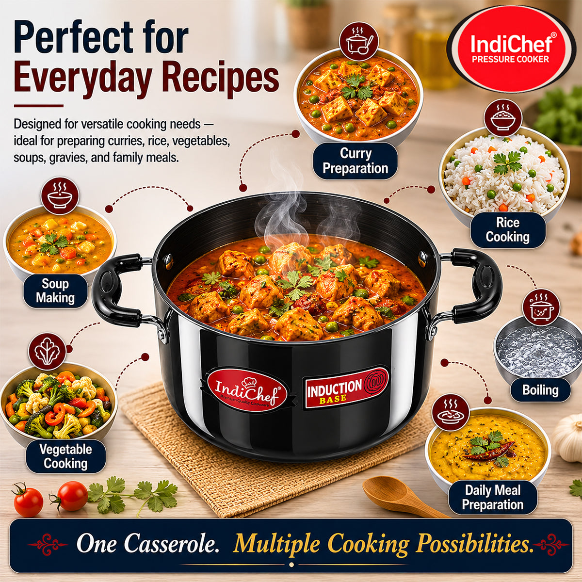 IndiChef Hard Anodised casserole with Lid | Induction Friendly