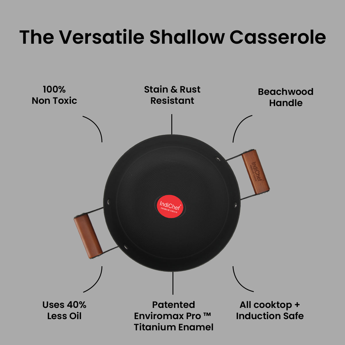 IndiChef Cast Iron Shallow Casserole with Cover | Induction Friendly