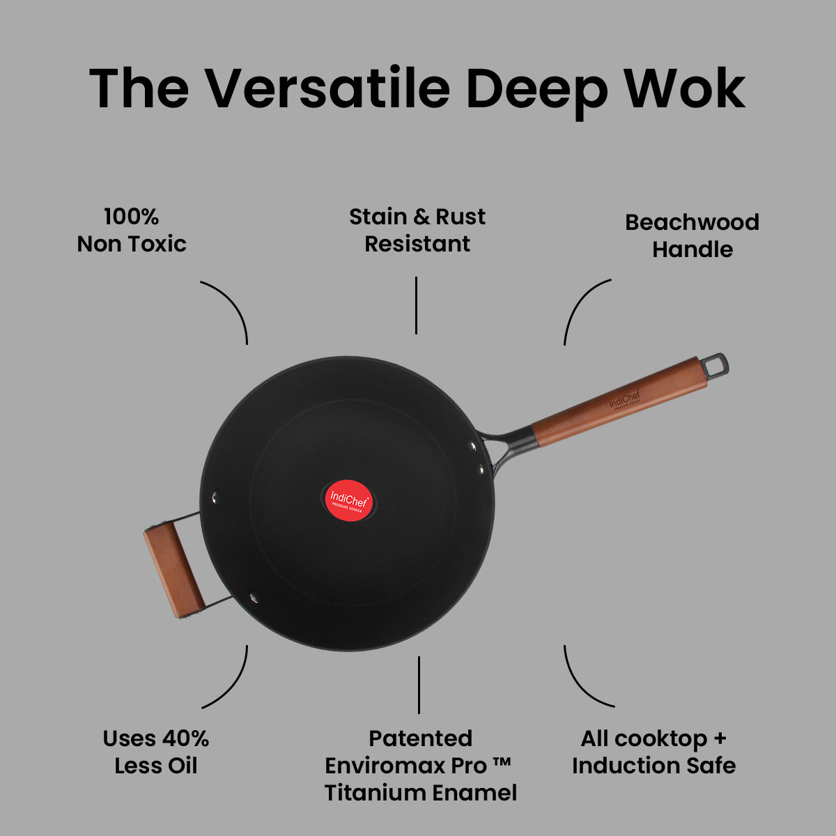 IndiChef Cast Iron Deep Wok With Cover | Induction Friendly