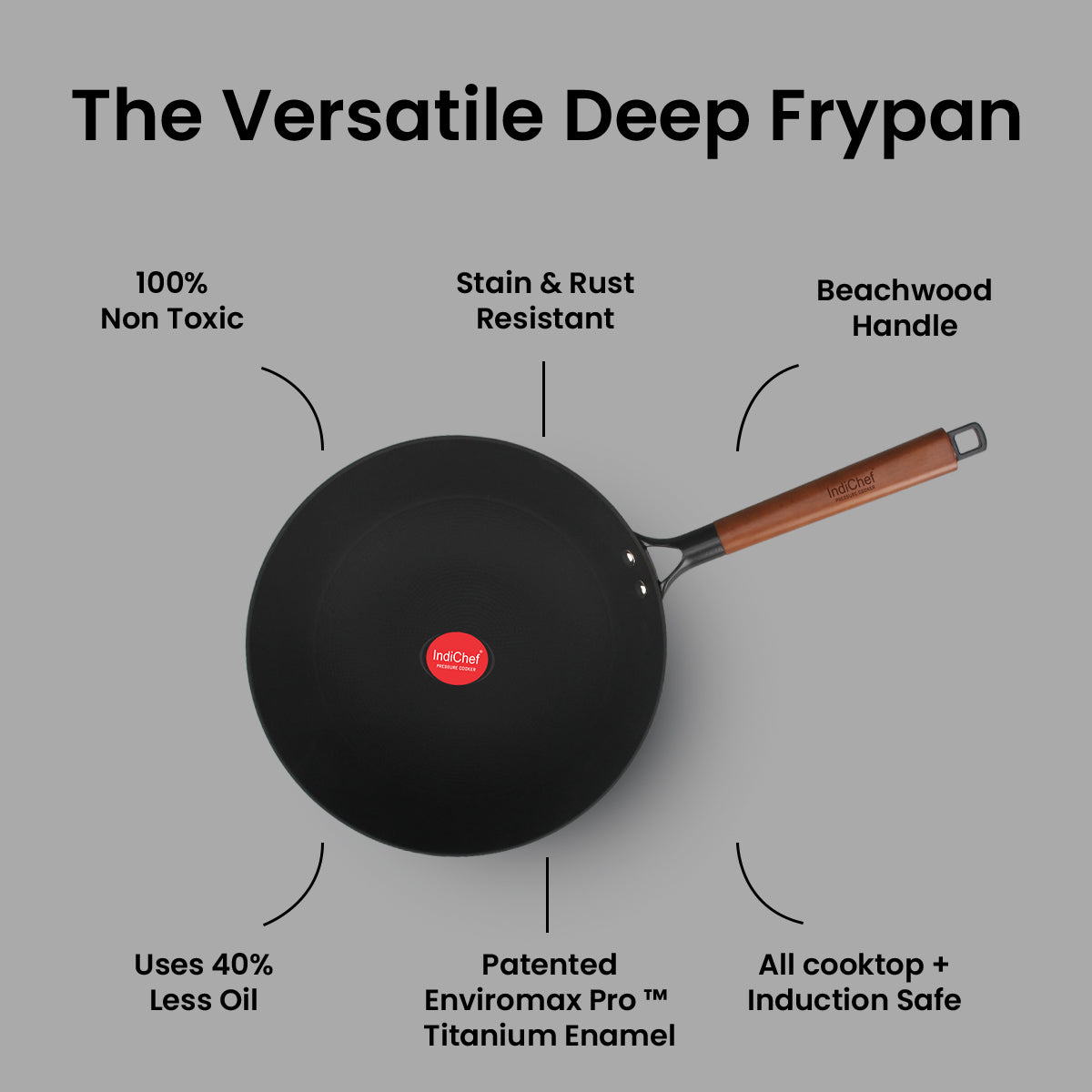 IndiChef Cast Iron Deep Frying Pan with Cover | Induction Friendly