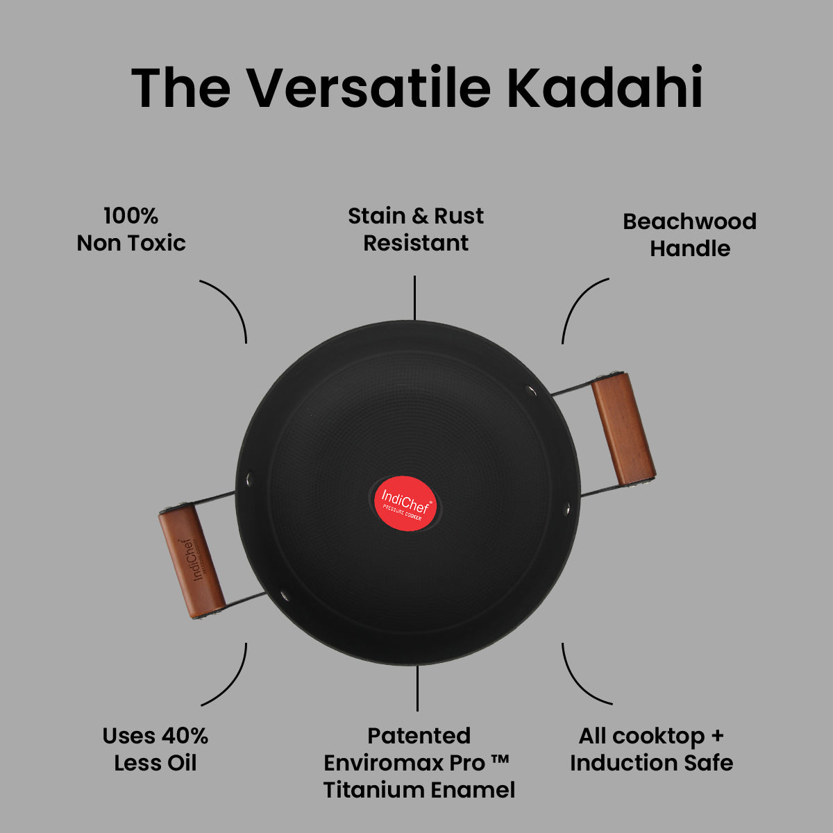 IndiChef Cast Iron Kadahi Cooking Pan with Lid | Induction Friendly