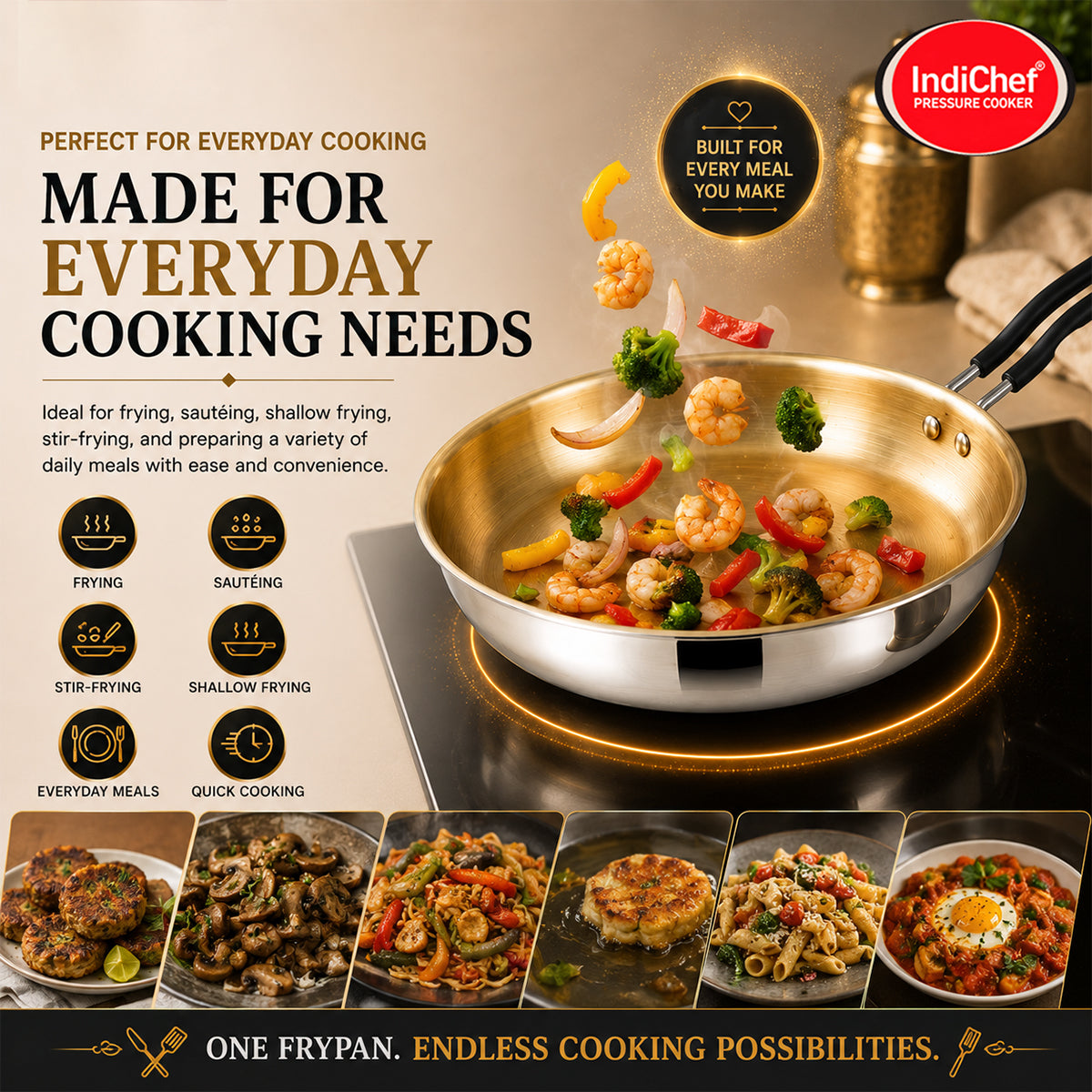IndiChef Tri-ply Brass Frypan | Induction Friendly