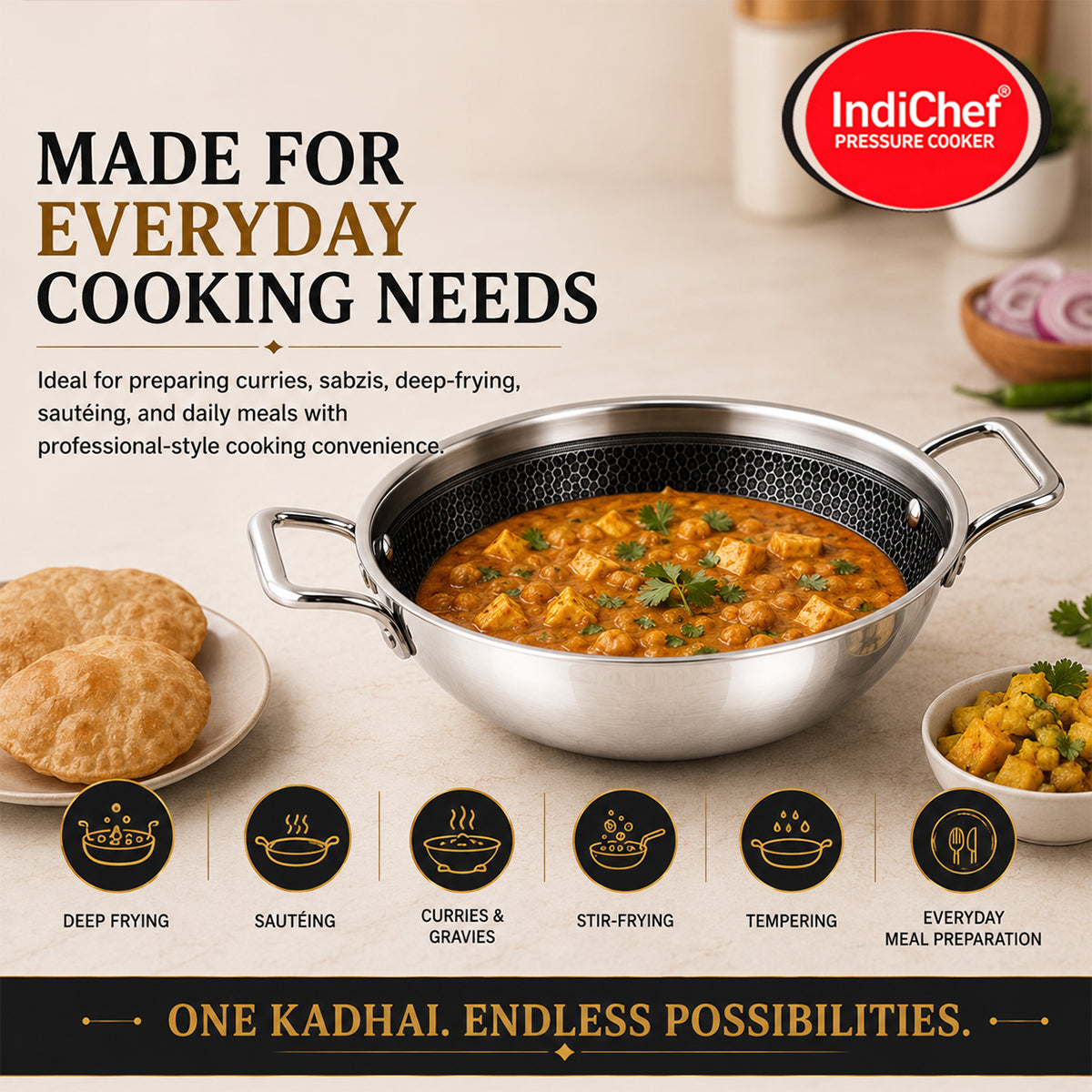 IndiChef Tri-ply Honeycomb kadahi/kadhai with Lid | Induction Friendly