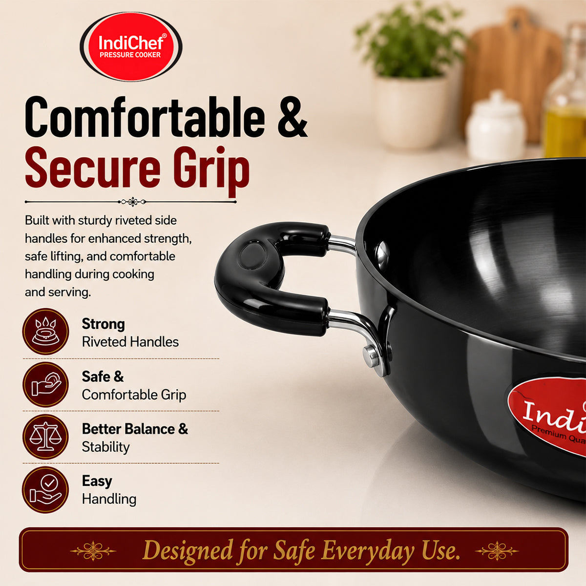 IndiChef Hard Anodised Kadhai with Lid | Induction Friendly