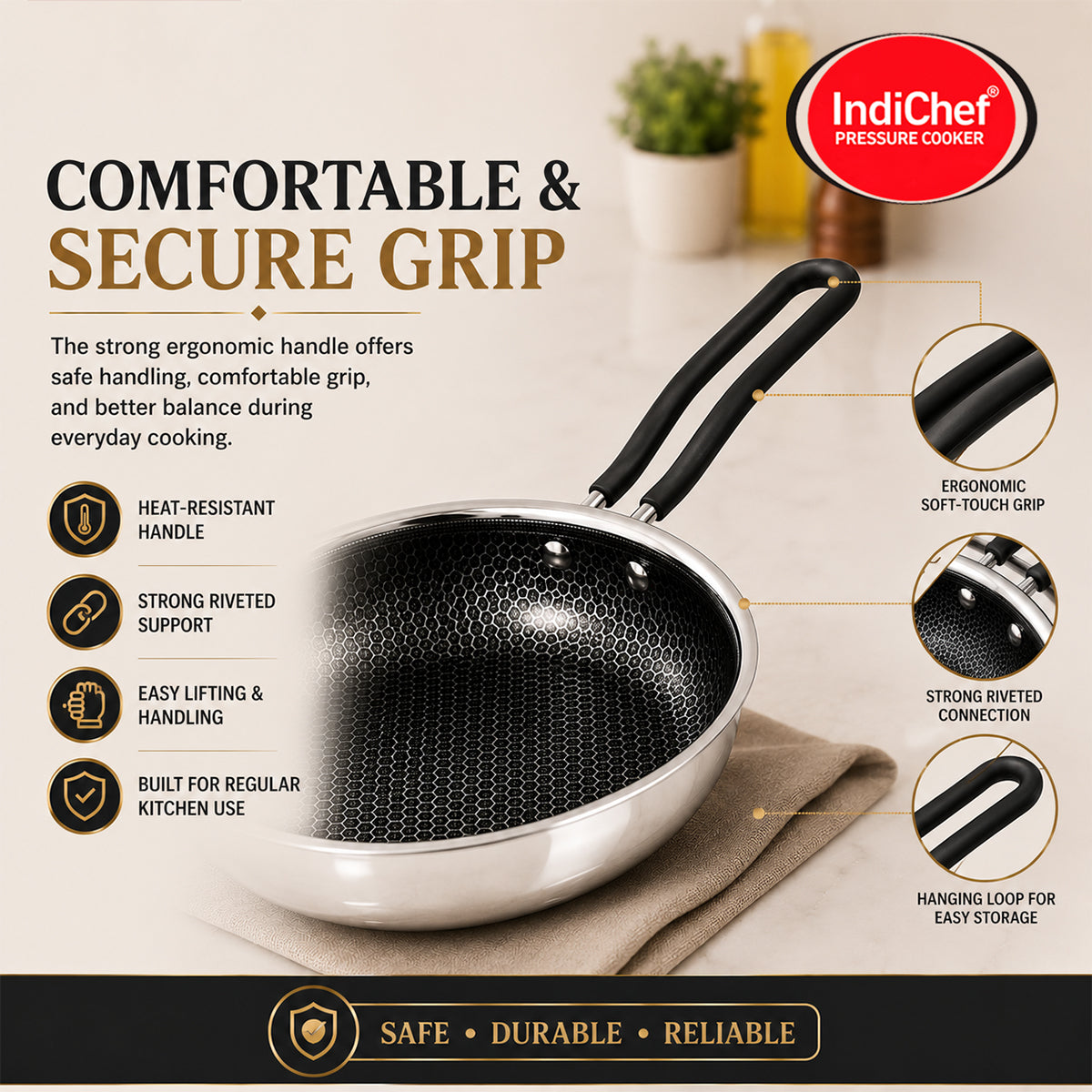 IndiChef Tri-ply Honeycomb Fry Pan with Lid | Induction Friendly