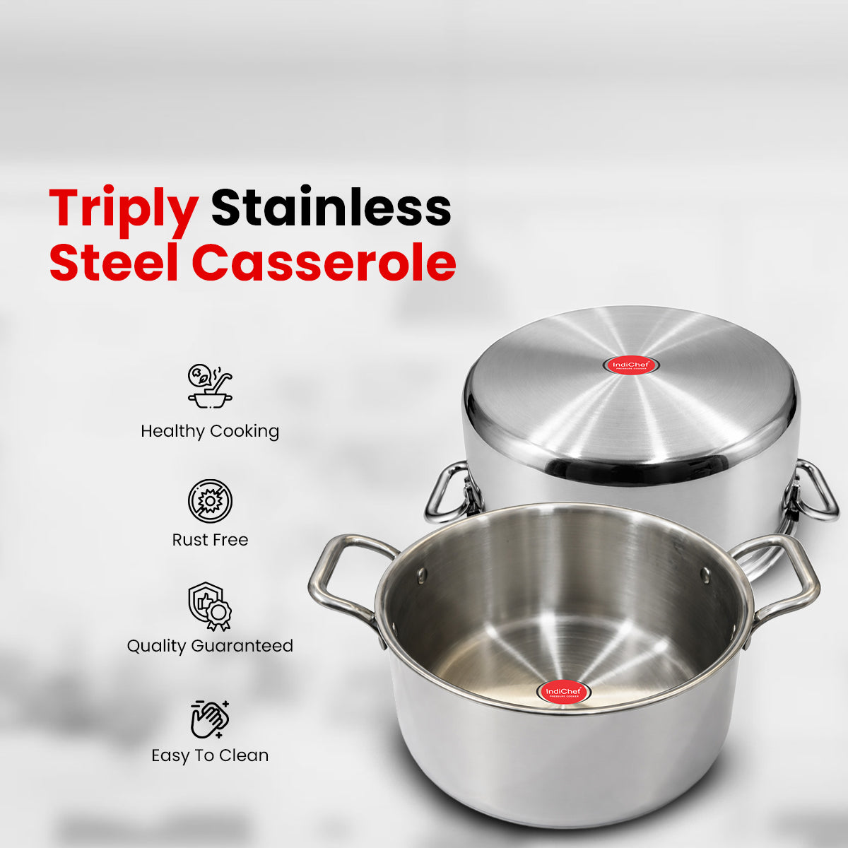 IndiChef Tri-Ply Steel Casserole | Induction Friendly
