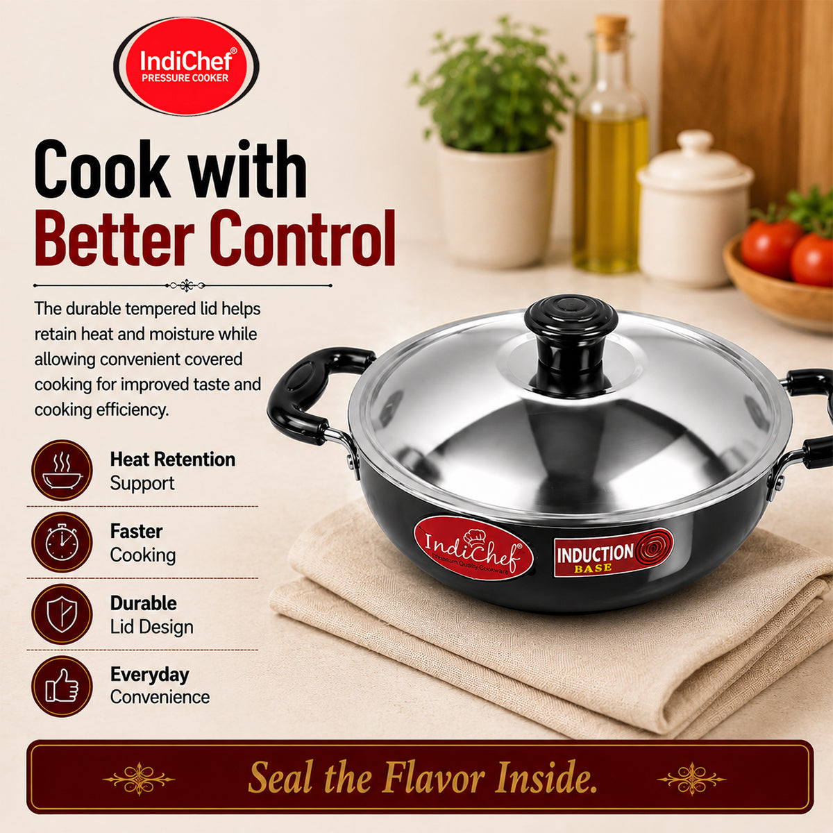 IndiChef Hard Anodised Kadhai with Lid | Induction Friendly