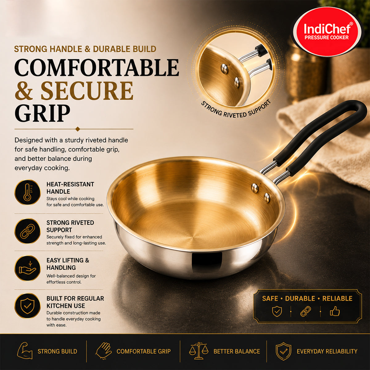 IndiChef Tri-ply Brass Frypan | Induction Friendly