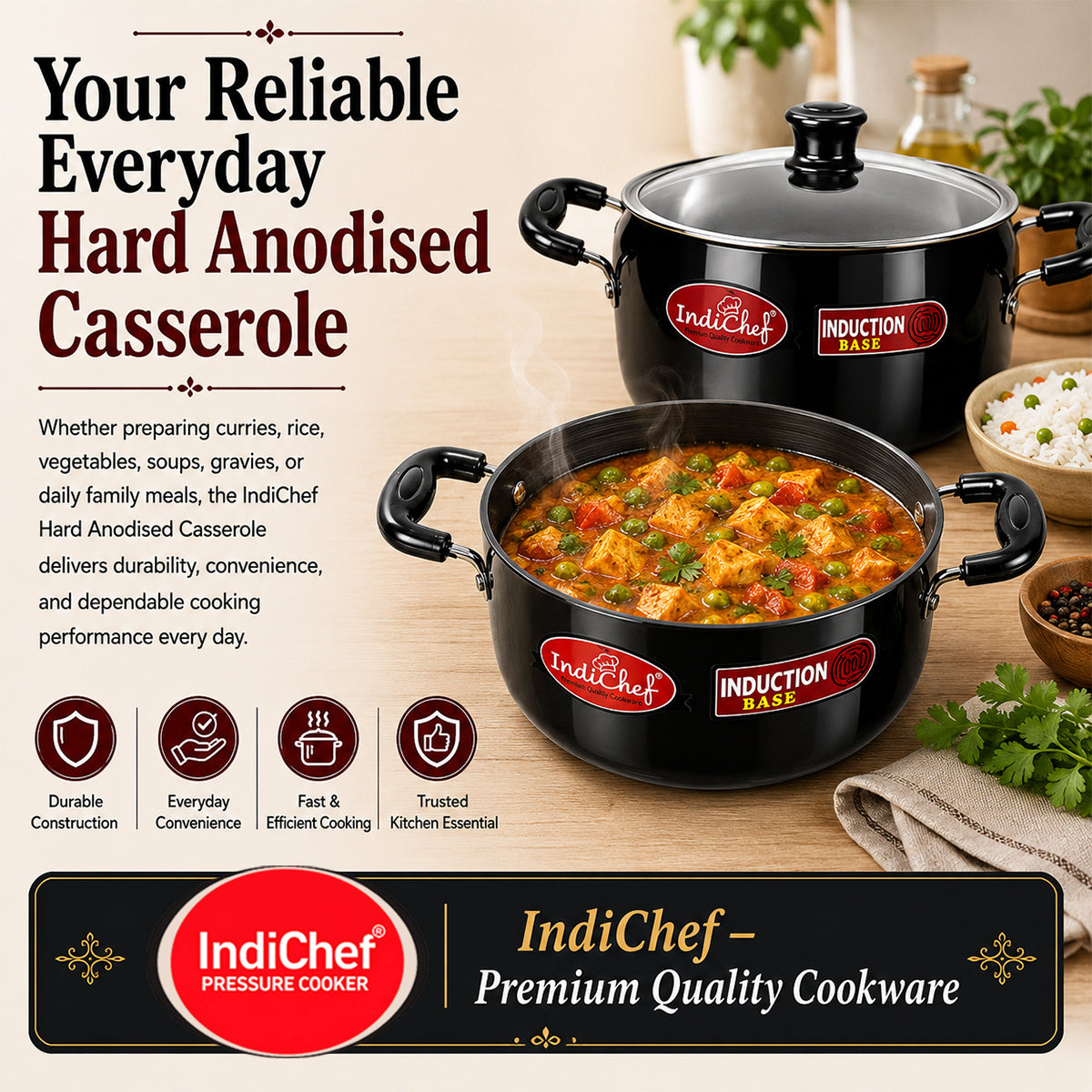 IndiChef Hard Anodised casserole with Lid | Induction Friendly