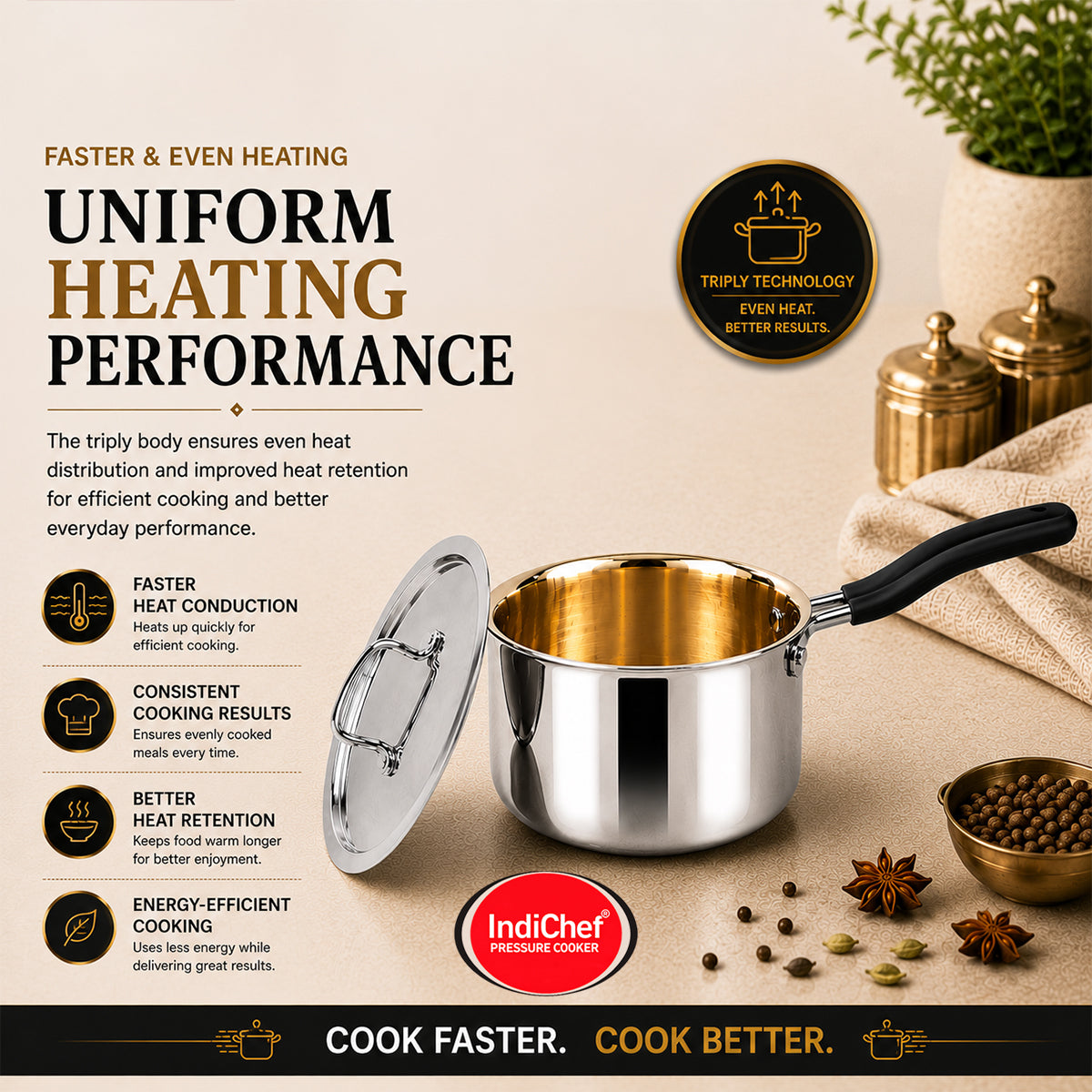 IndiChef Tri-ply Brass Saucepan | Induction Friendly