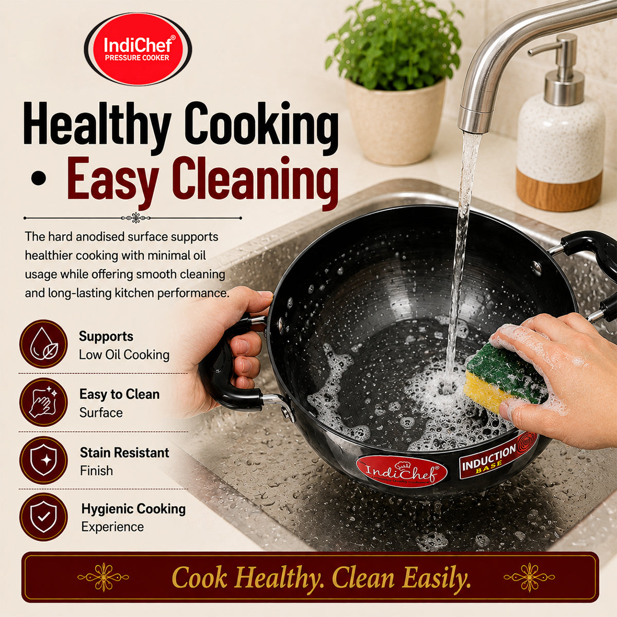 IndiChef Hard Anodised Kadhai with Lid | Induction Friendly
