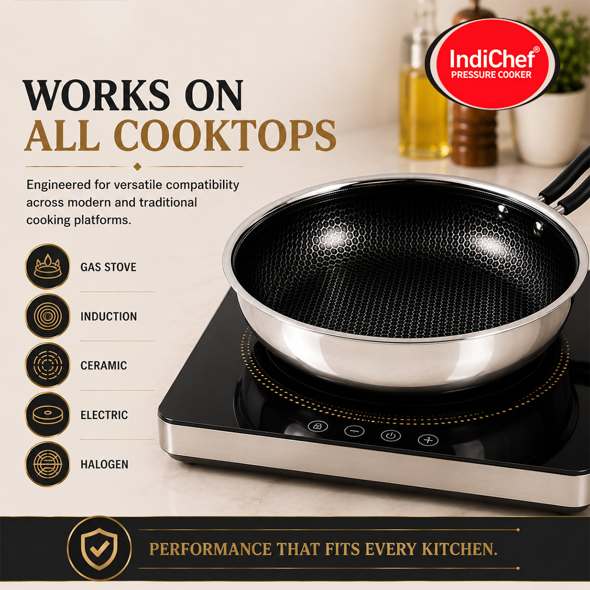 IndiChef Tri-ply Honeycomb Fry Pan with Lid | Induction Friendly