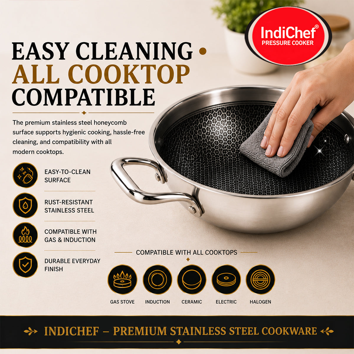 IndiChef Tri-ply Honeycomb kadahi/kadhai with Lid | Induction Friendly