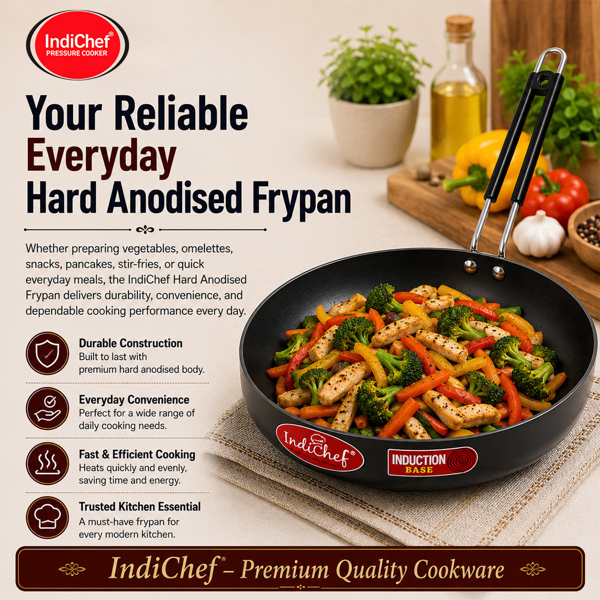 IndiChef Hard Anodised Frypan with Lid | Induction Friendly