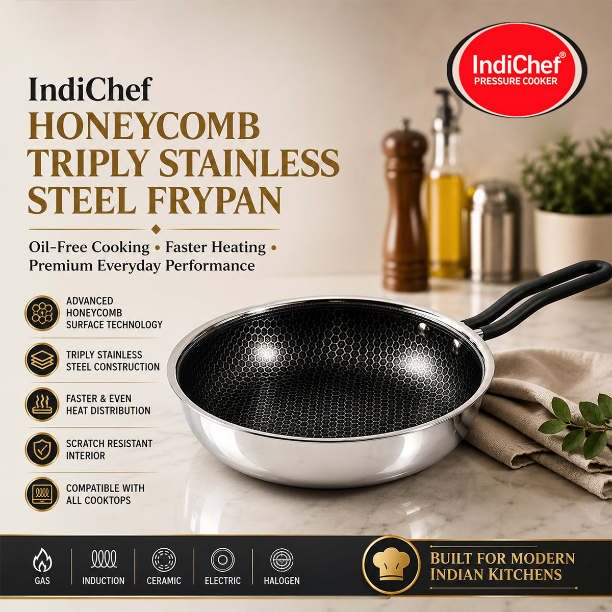 IndiChef Tri-ply Honeycomb Fry Pan with Lid | Induction Friendly