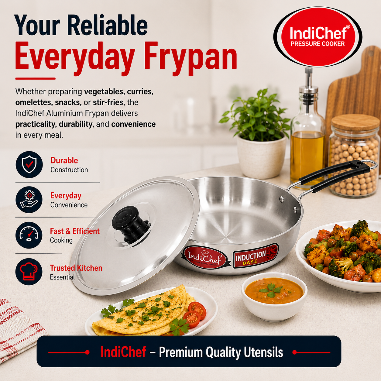 IndiChef Aluminium Frypan with Lid | Induction Friendly