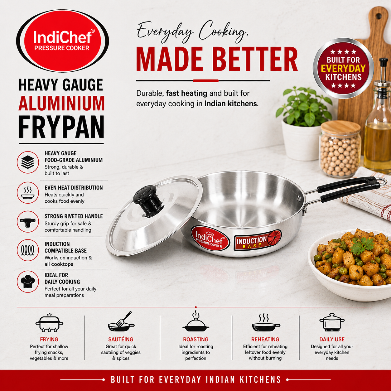 IndiChef Aluminium Frypan with Lid | Induction Friendly