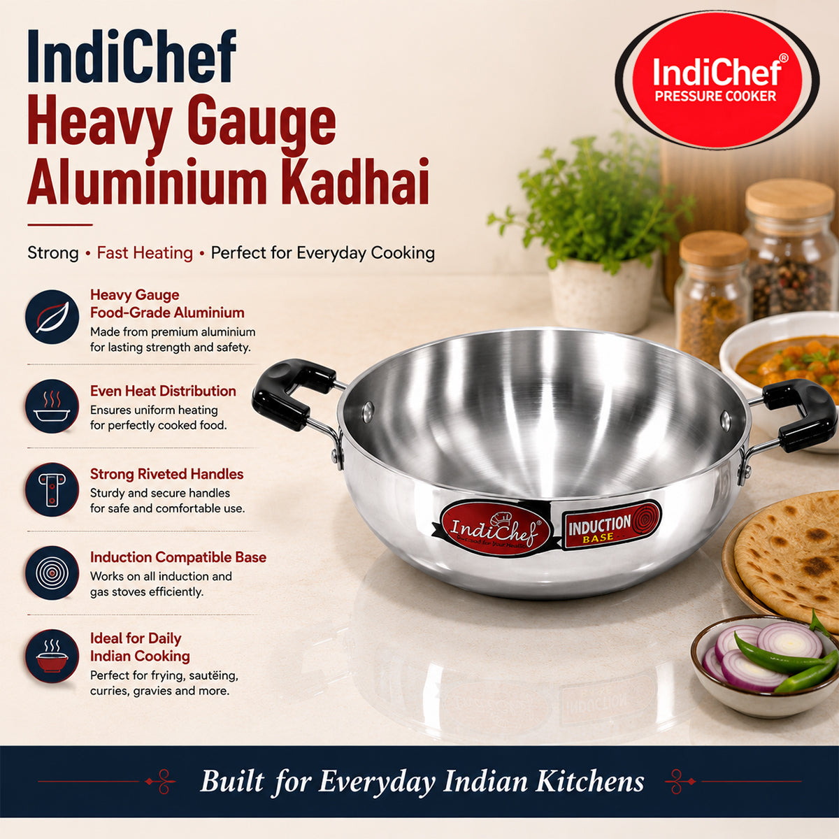 IndiChef Aluminium Kadhai with Lid | Induction Friendly