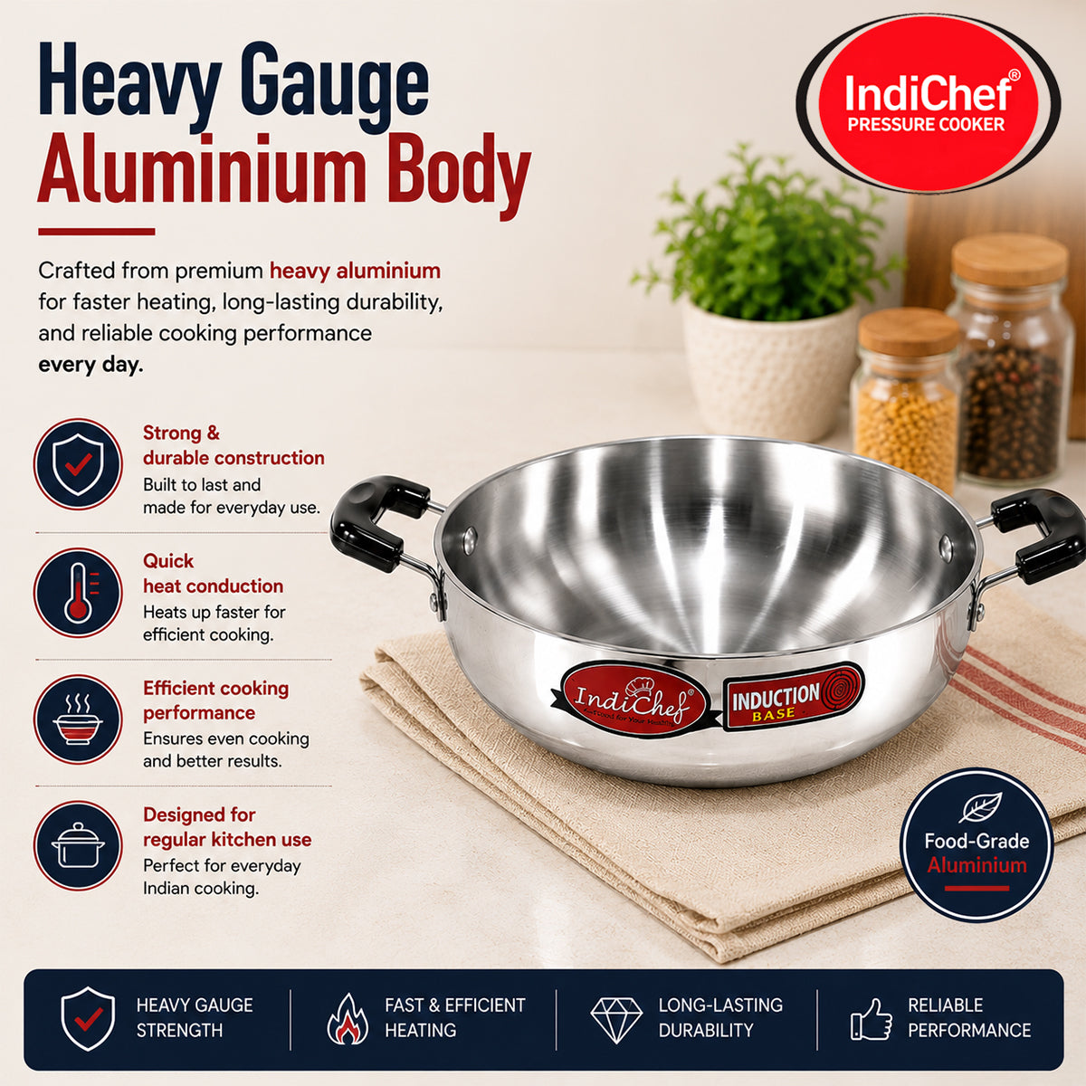 IndiChef Aluminium Kadhai with Lid | Induction Friendly
