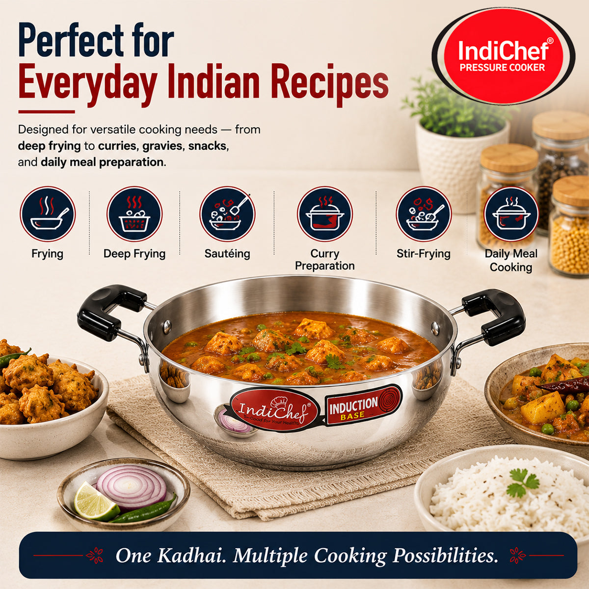 IndiChef Aluminium Kadhai with Lid | Induction Friendly
